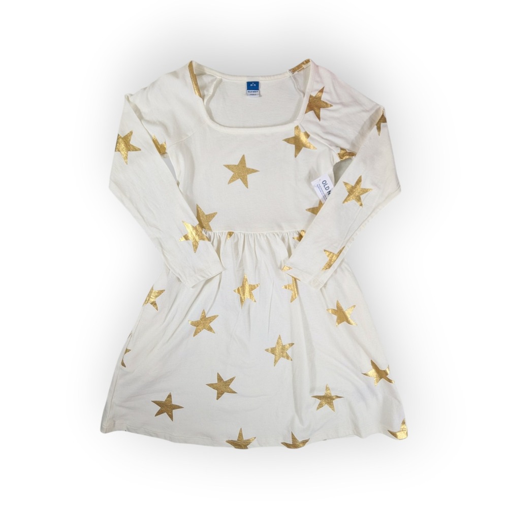 Old Navy Girls Cream Gold Metallic Foil Star Long Sleeve Dress Size S 6-7